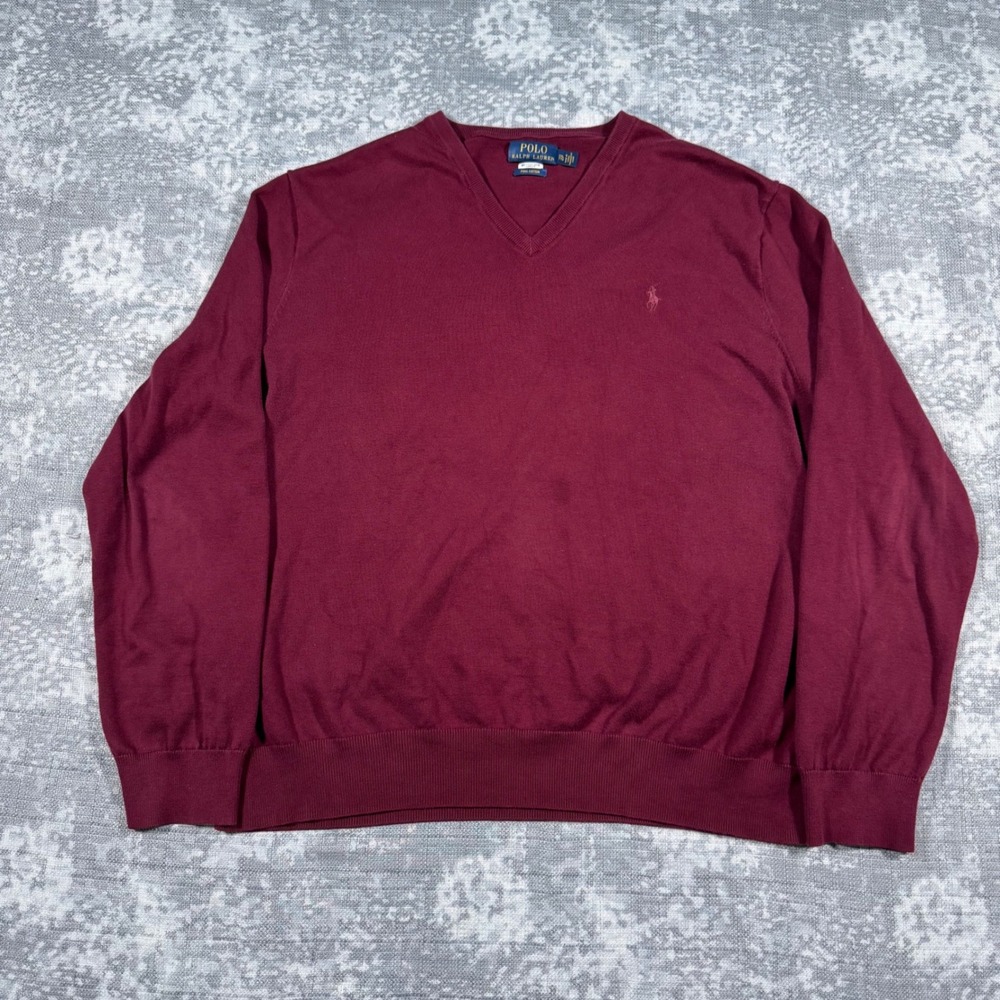 Polo Ralph Lauren V-Neck Sweater Mens XXL Burgundy Pima Cotton Pony Logo Classic